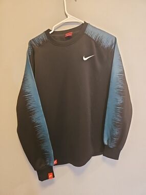 Nike Mens Tech Fleece Crew Sweatshirt Black Size L With Blue Accent Sleeves